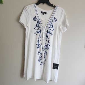 Lulu's White Mini Dress with Blue Embroidery